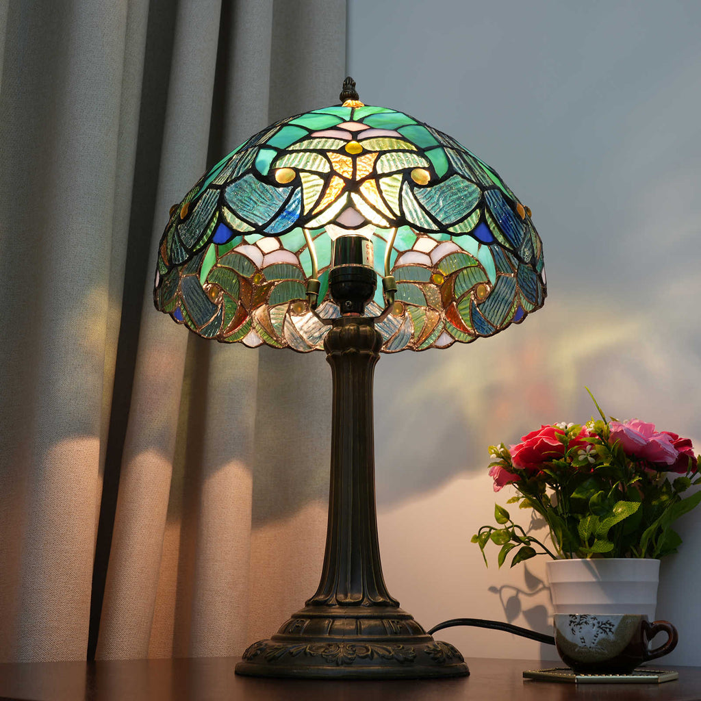 Lampe de Table Style Tiffany en Vitrail Vert Bleu