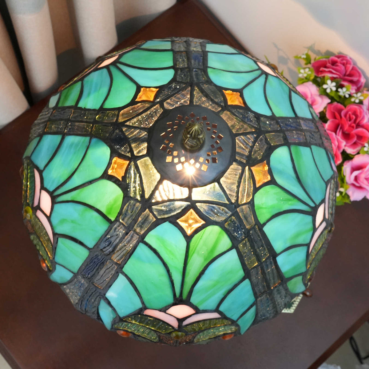 Lampe de Table Style Tiffany en Vitrail Vert Bleu