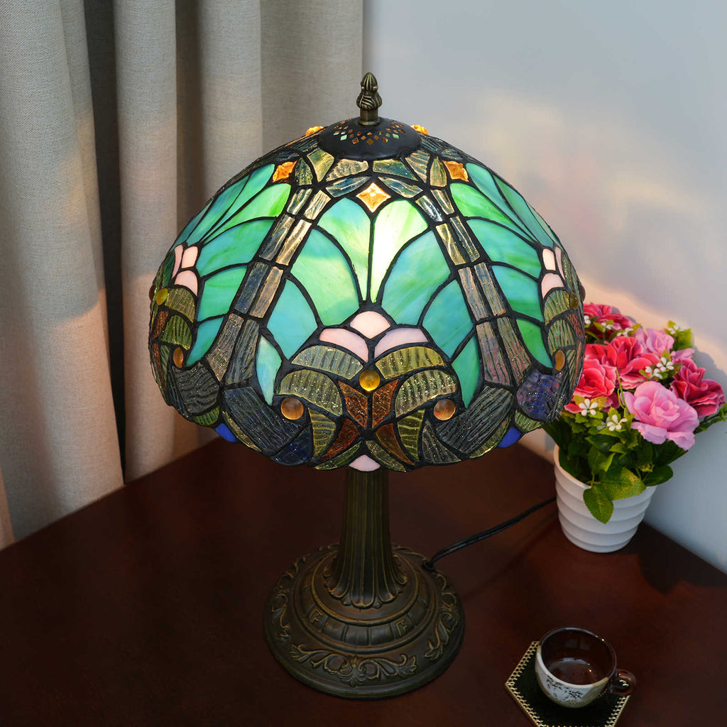 Lampe de Table Style Tiffany en Vitrail Vert Bleu