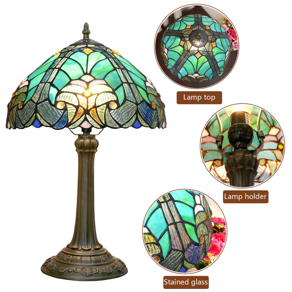 Lampe de Table Style Tiffany en Vitrail Vert Bleu