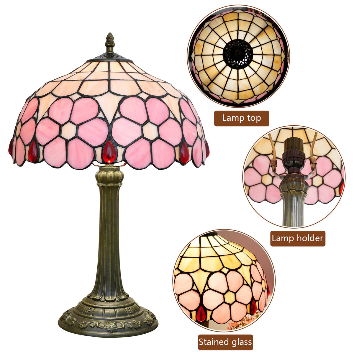 Lampe de Table Tiffany à Motif Floral Rose et Rouge