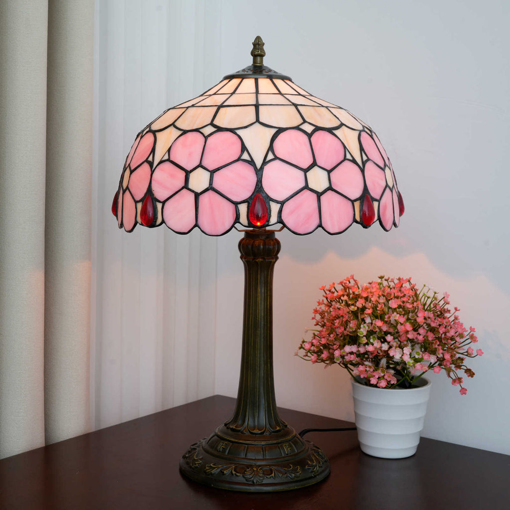 Lampe de Table Tiffany à Motif Floral Rose et Rouge