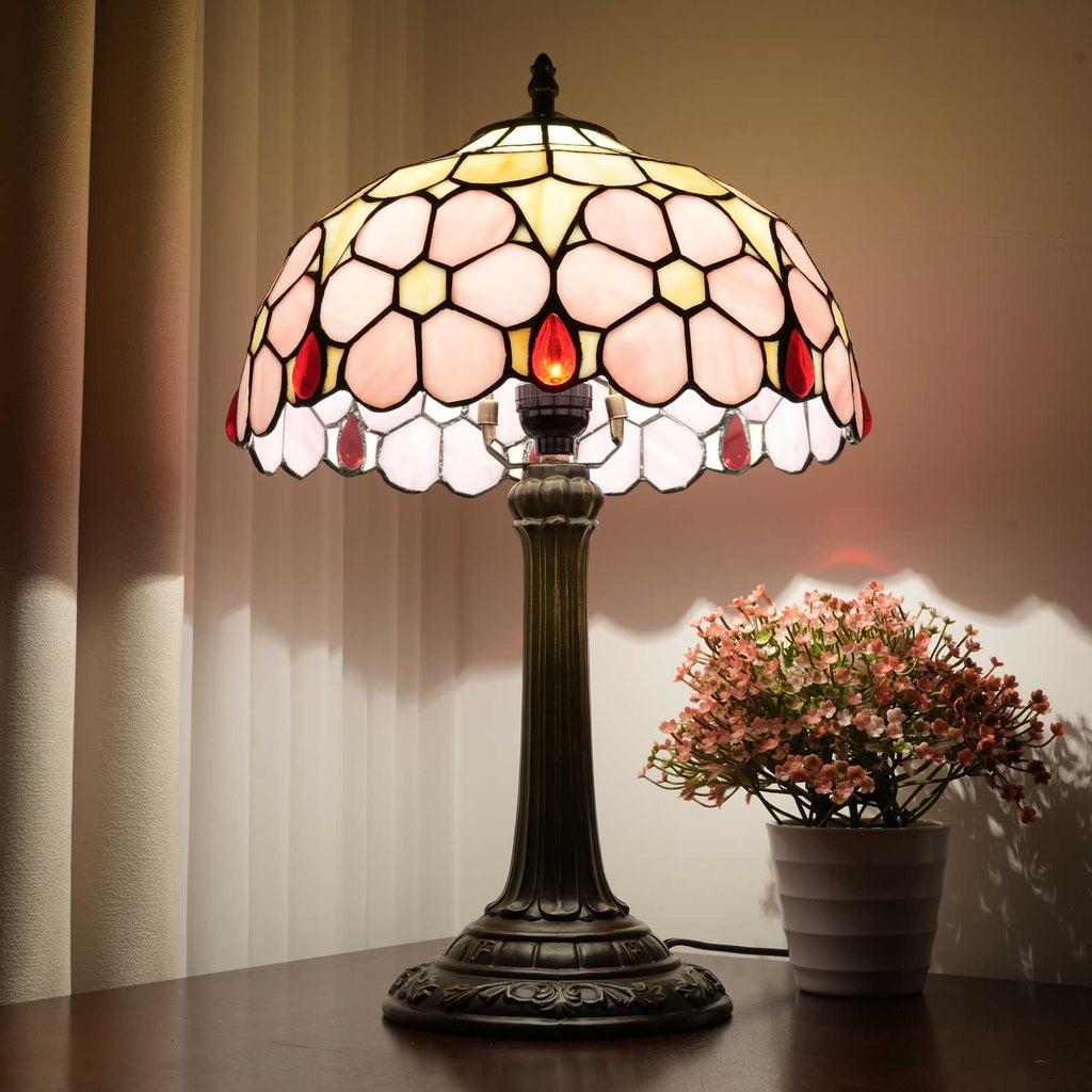 Lampe de Table Tiffany à Motif Floral Rose et Rouge