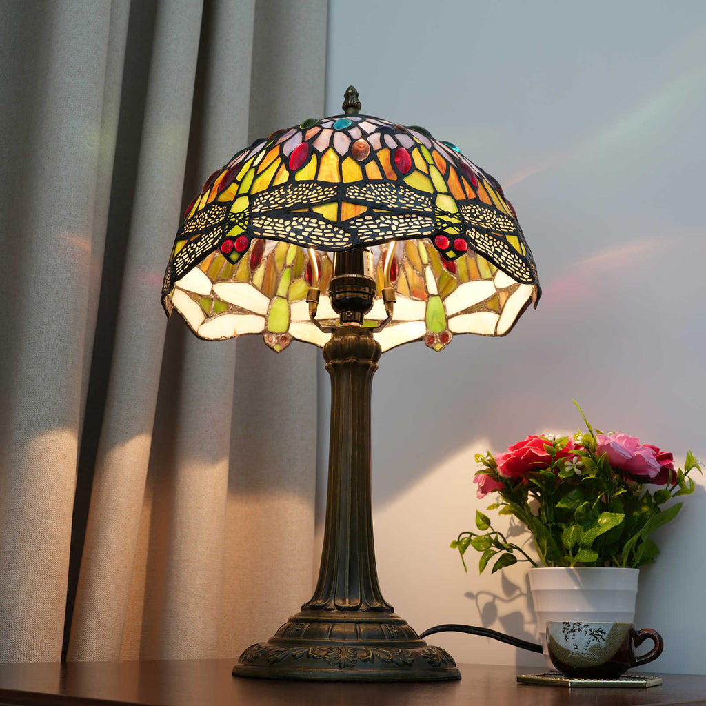 Lampe de Table Tiffany en Vitrail Libellule Multicolore