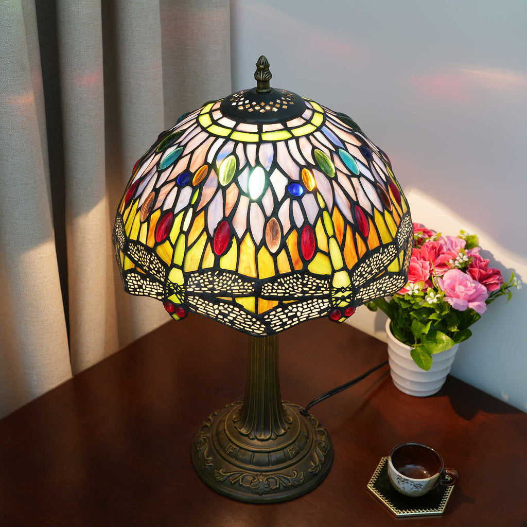 Lampe de Table Tiffany en Vitrail Libellule Multicolore