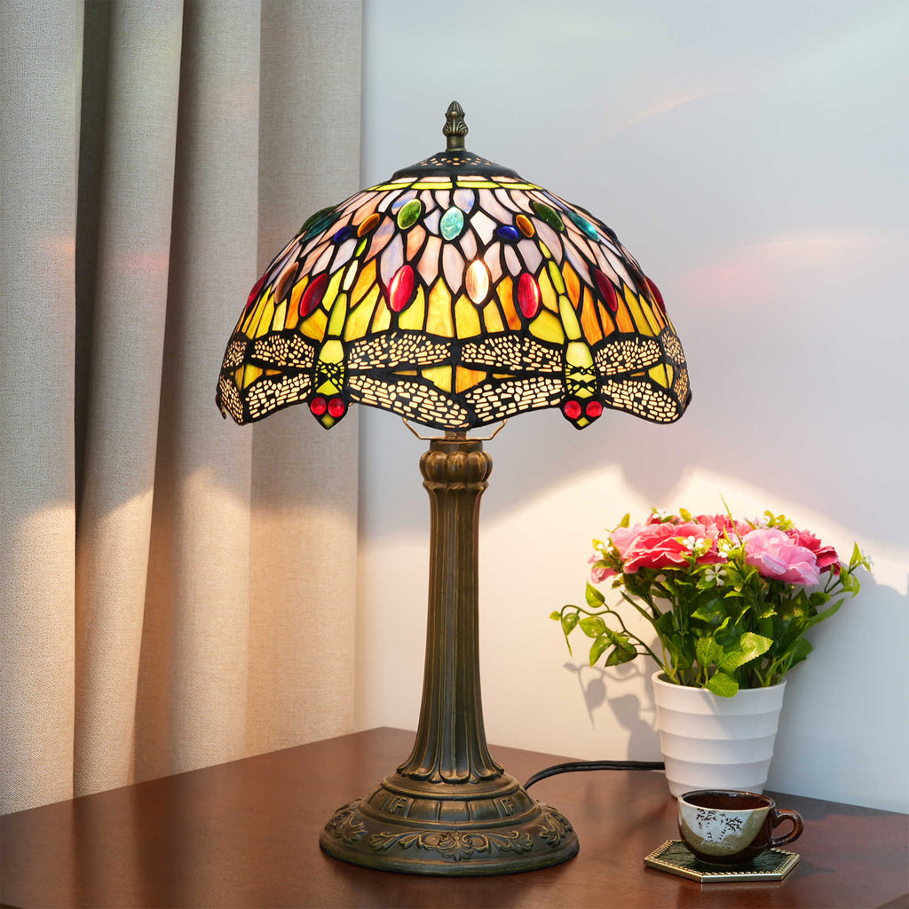 Lampe de Table Tiffany en Vitrail Libellule Multicolore