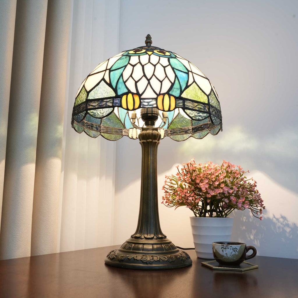 Lampe de Table Tiffany Hiboux en Vitrail Bleu