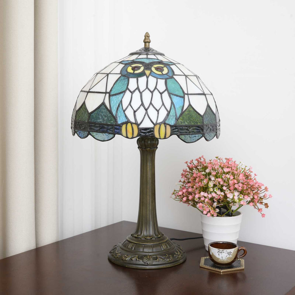 Lampe de Table Tiffany Hiboux en Vitrail Bleu
