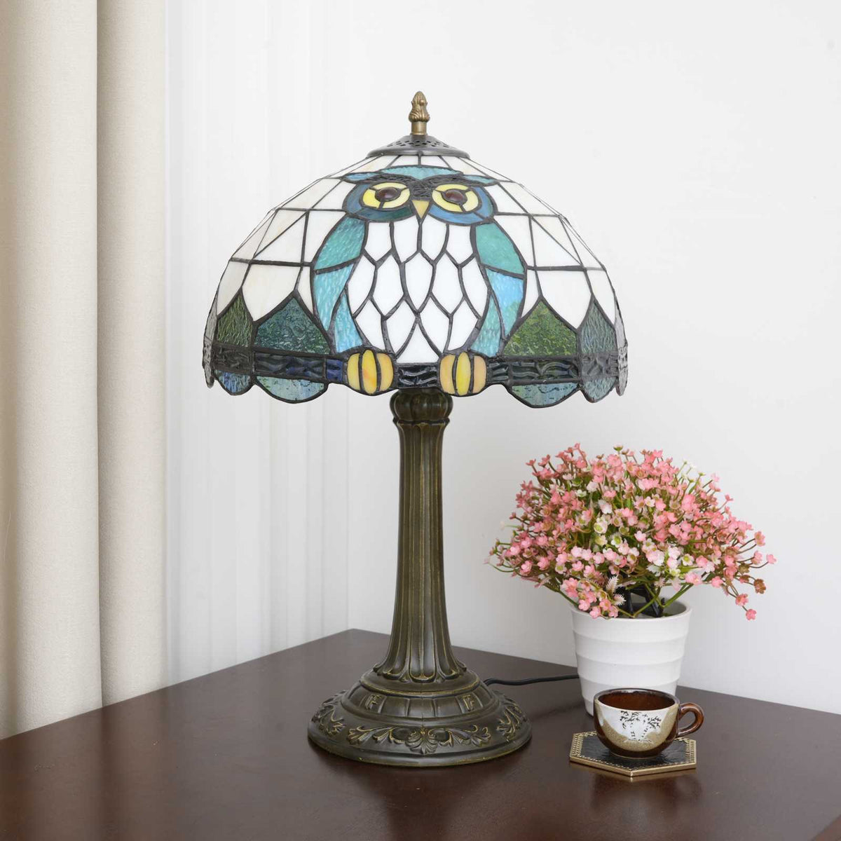 Lampe de Table Tiffany Hiboux en Vitrail Bleu