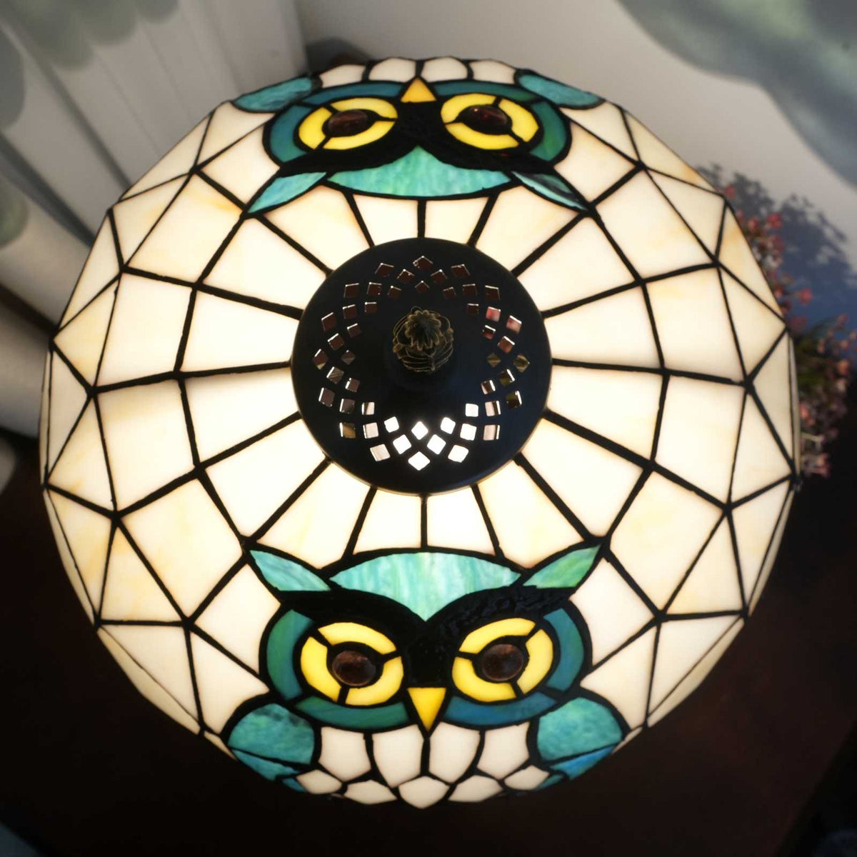 Lampe de Table Tiffany Hiboux en Vitrail Bleu