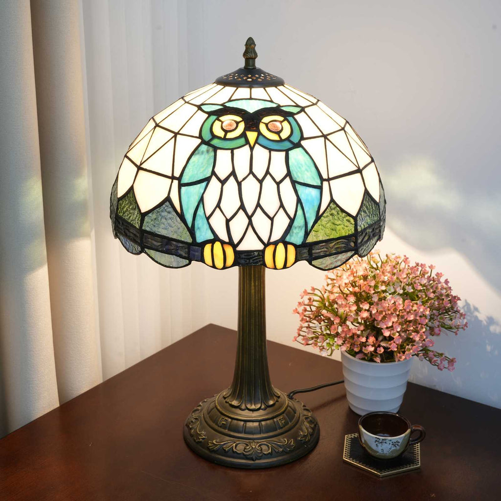 Lampe de Table Tiffany Hiboux en Vitrail Bleu