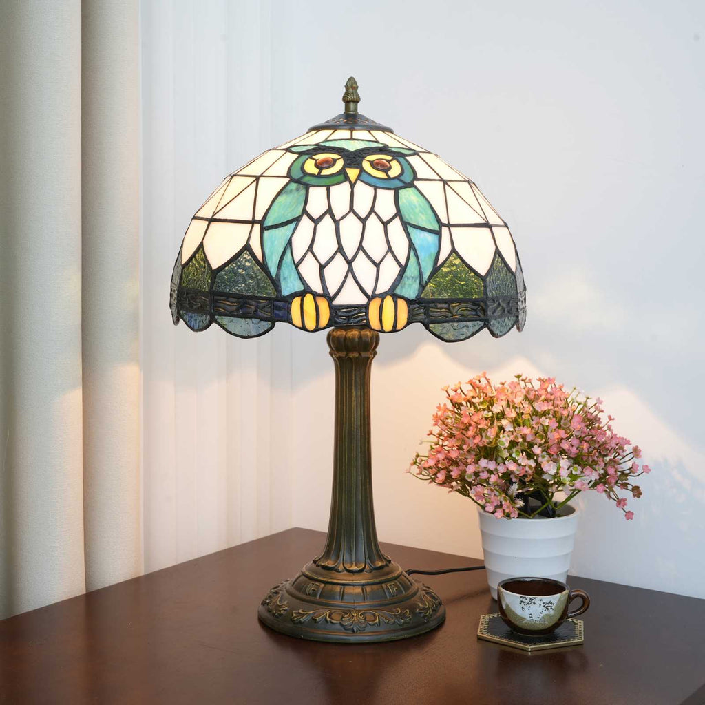 Lampe de Table Tiffany Hiboux en Vitrail Bleu