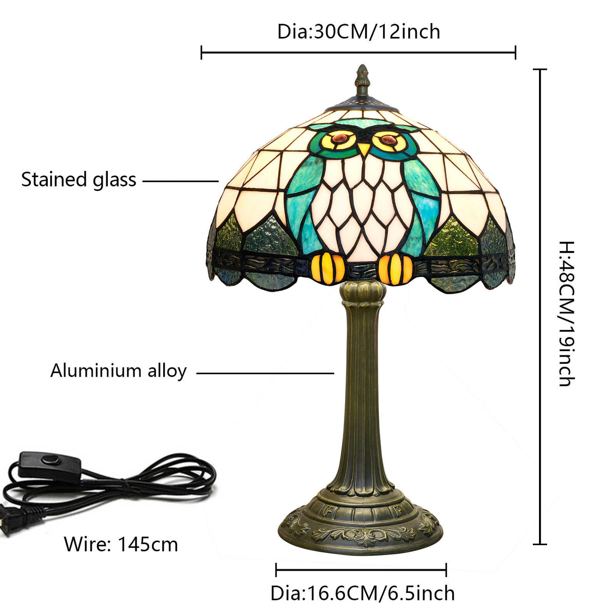 Lampe de Table Tiffany Hiboux en Vitrail Bleu
