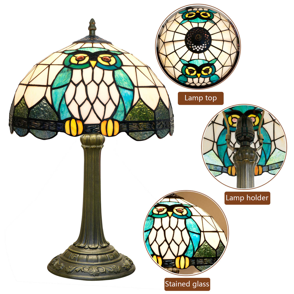 Lampe de Table Tiffany Hiboux en Vitrail Bleu