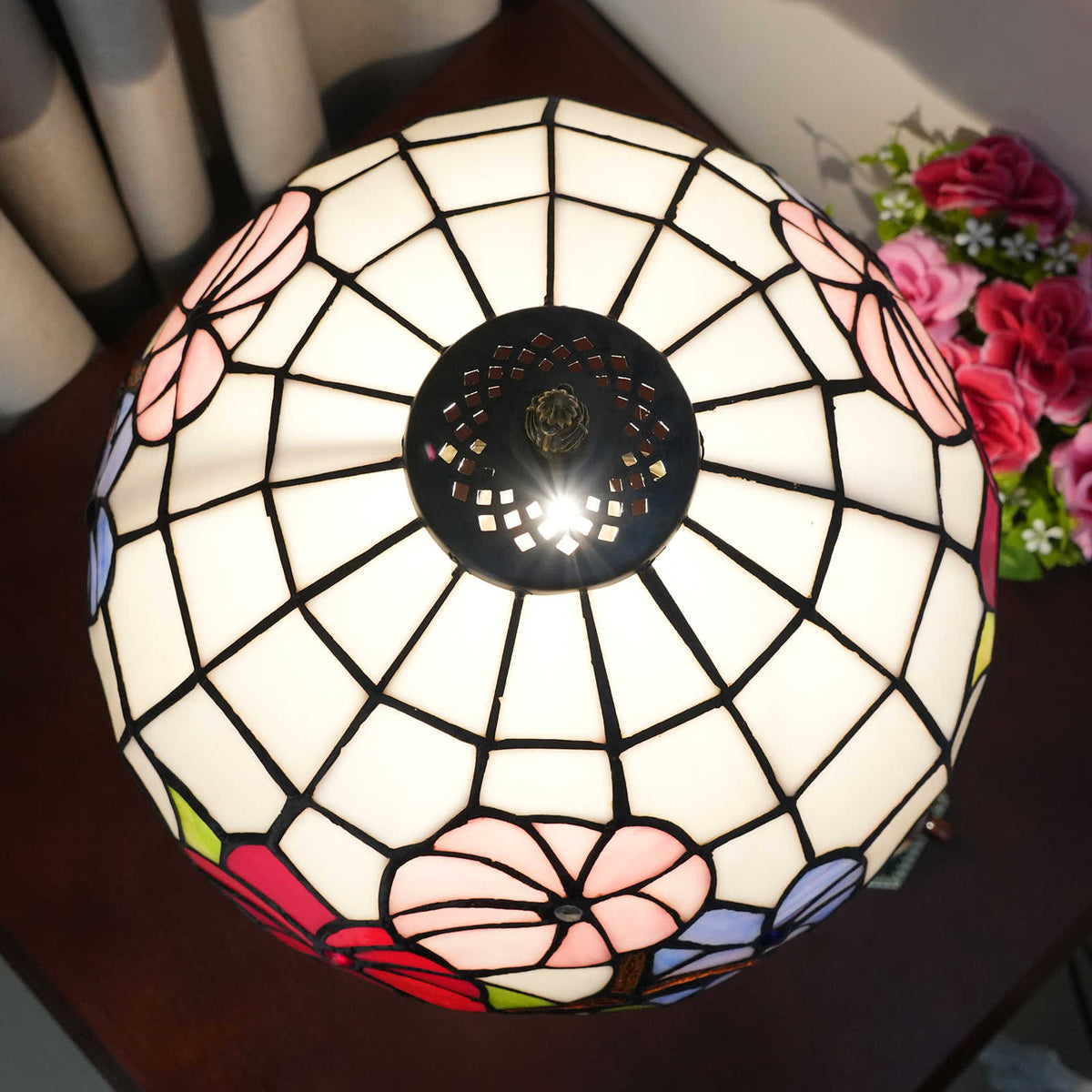 Lampe de Table Style Tiffany Floral en Verre Teinté