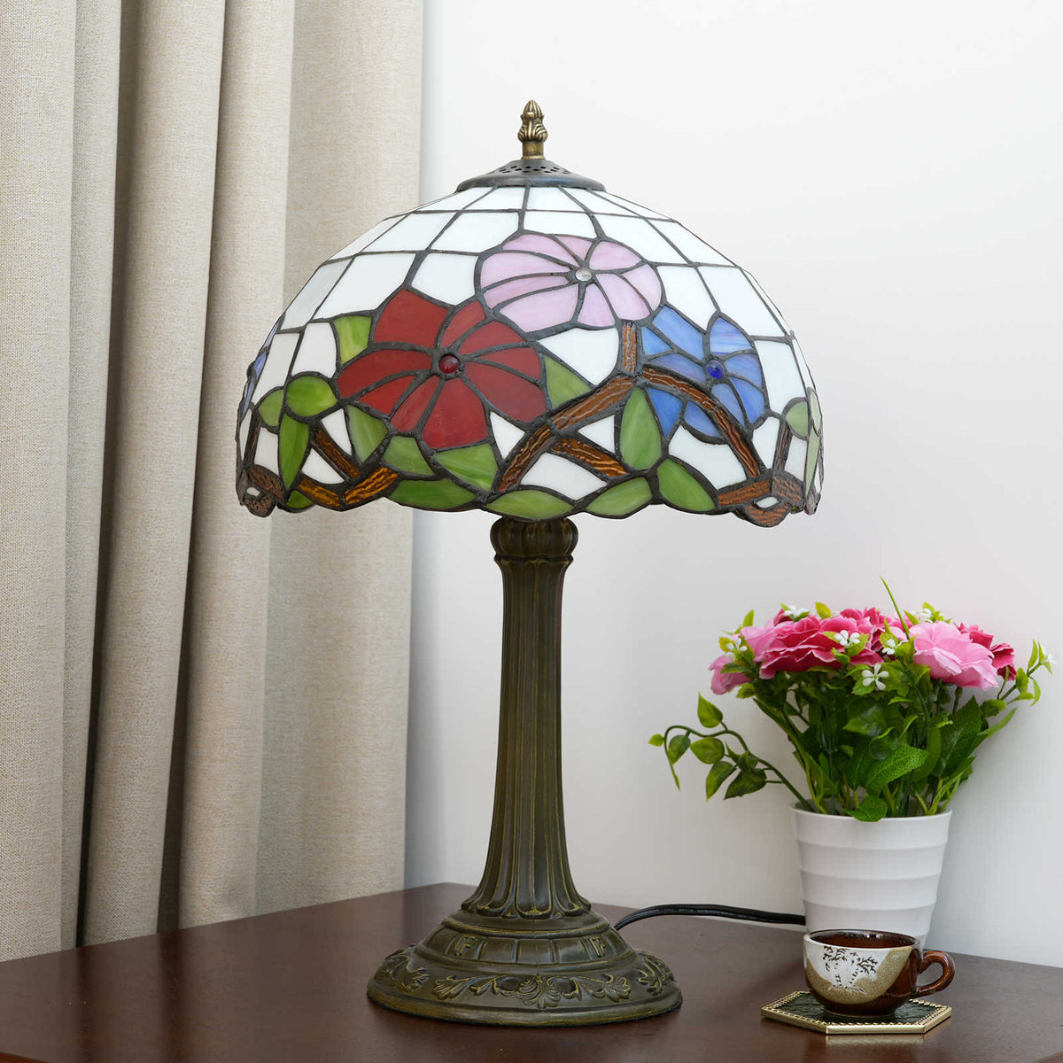 Lampe de Table Style Tiffany Floral en Verre Teinté