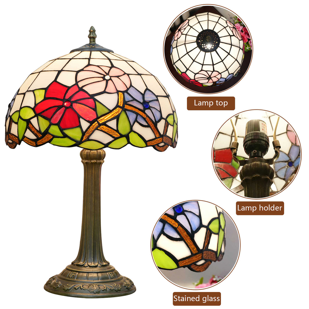 Lampe de Table Style Tiffany Floral en Verre Teinté