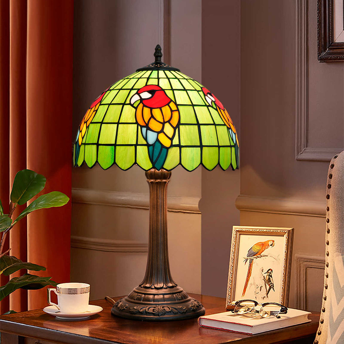 Lampe de Table Tiffany en Vitrail Perroquet Vif