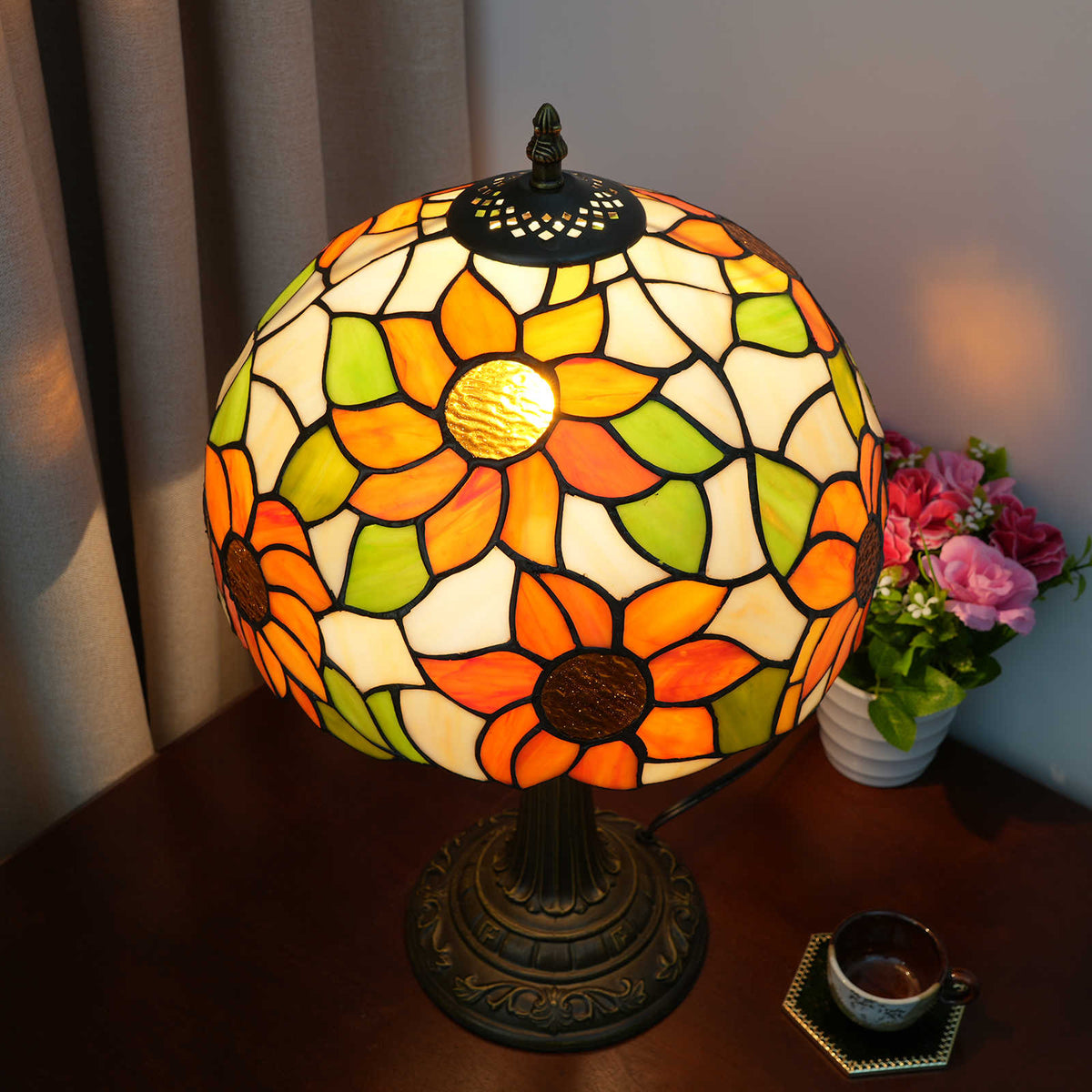 Lampe de Table Tiffany à Fleurs en Verre Teinté