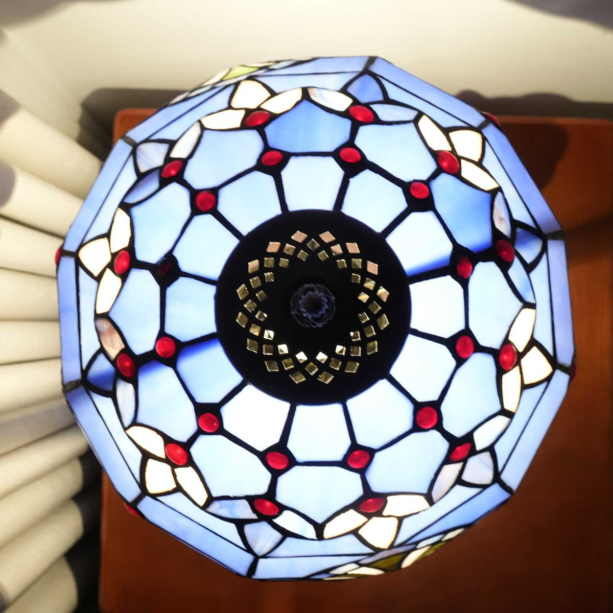 Lampe de Table Tiffany en Vitrail Bleu et Rouge