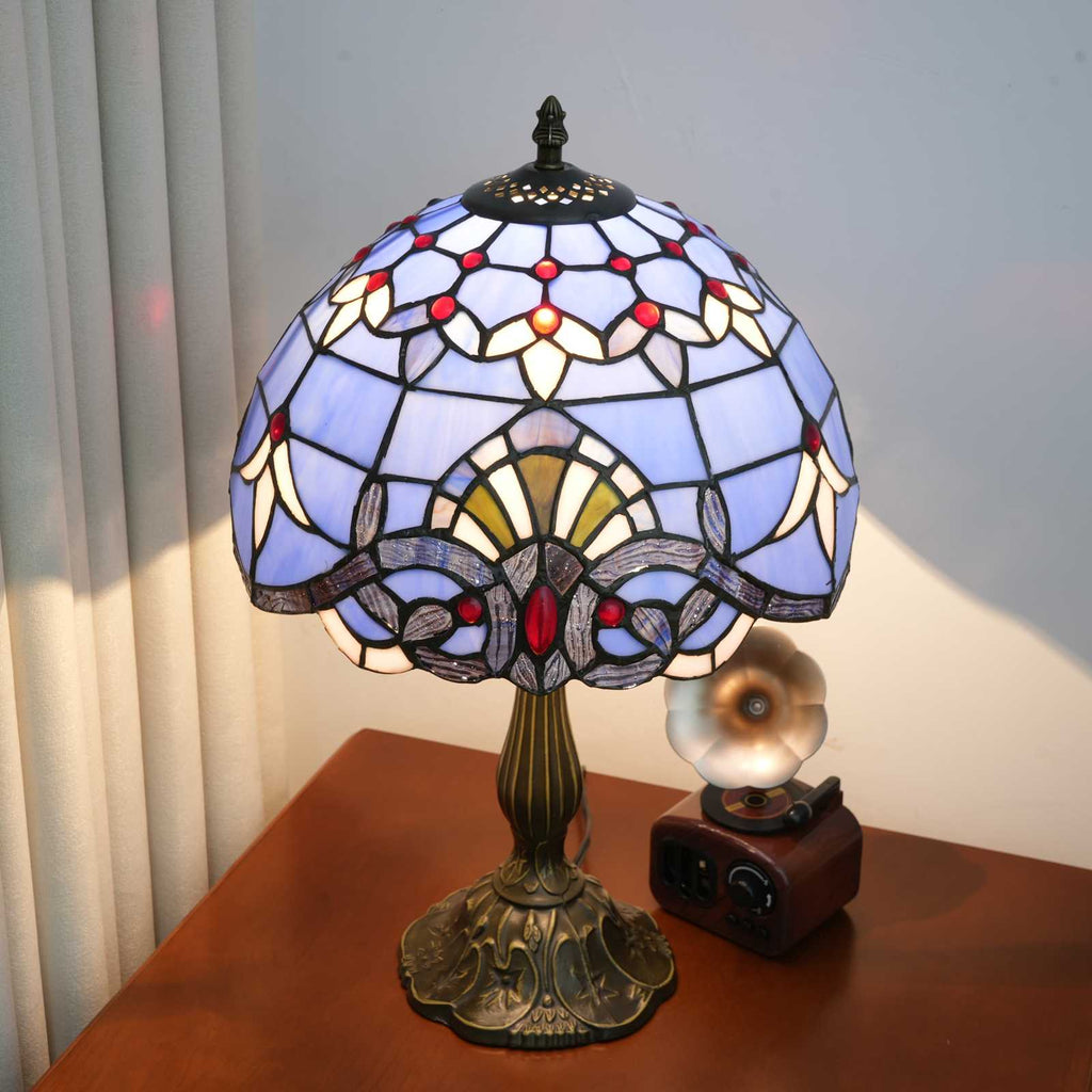 Lampe de Table Tiffany en Vitrail Bleu et Rouge