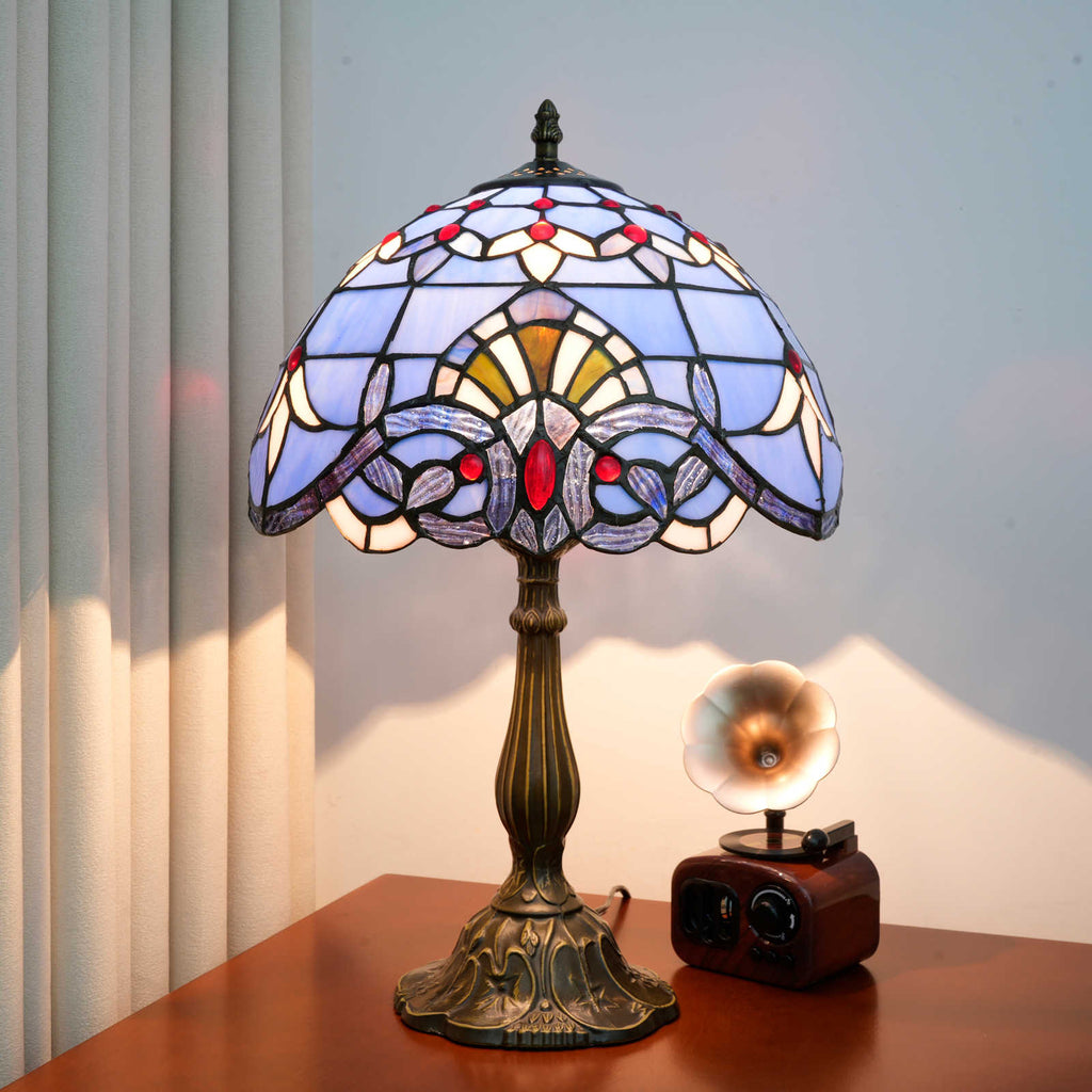 Lampe de Table Tiffany en Vitrail Bleu et Rouge
