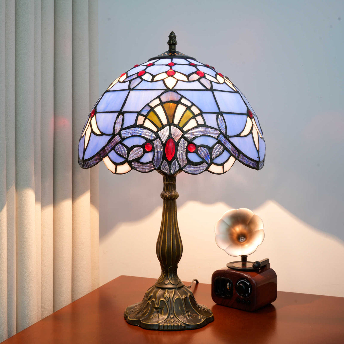 Lampe de Table Tiffany en Vitrail Bleu et Rouge
