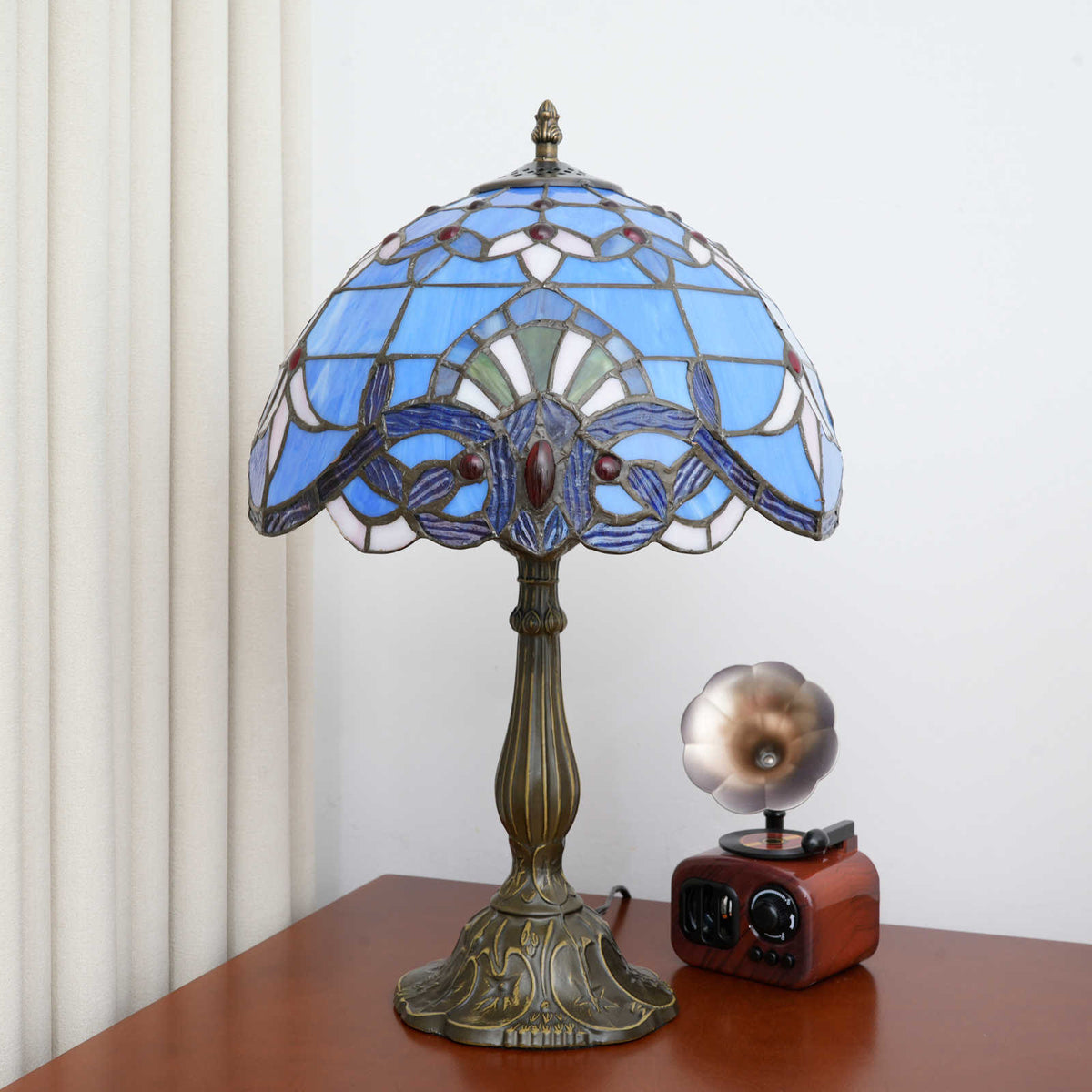 Lampe de Table Tiffany en Vitrail Bleu et Rouge