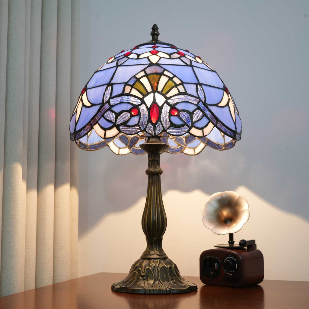 Lampe de Table Tiffany en Vitrail Bleu et Rouge