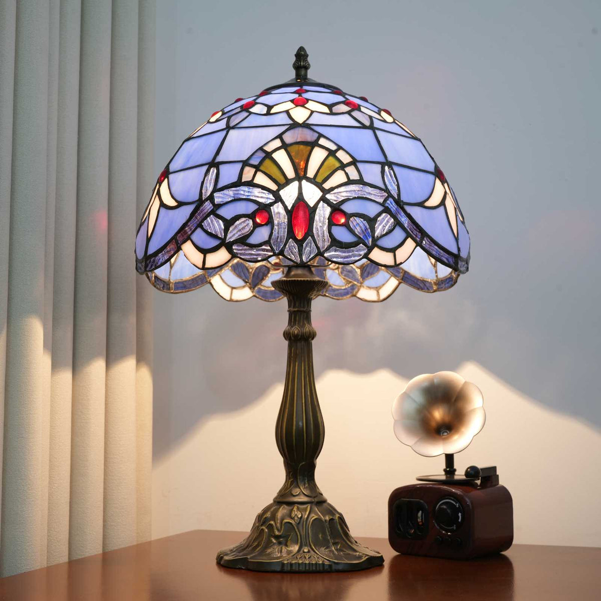 Lampe de Table Tiffany en Vitrail Bleu et Rouge