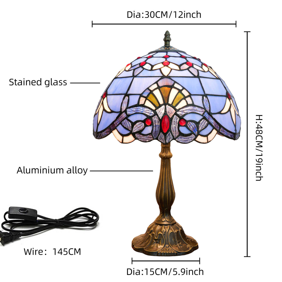 Lampe de Table Tiffany en Vitrail Bleu et Rouge