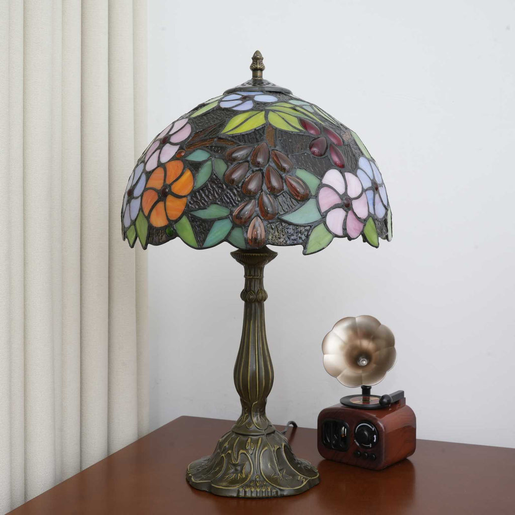 Lampe de Table Tiffany en Vitrail Floral et Bronze