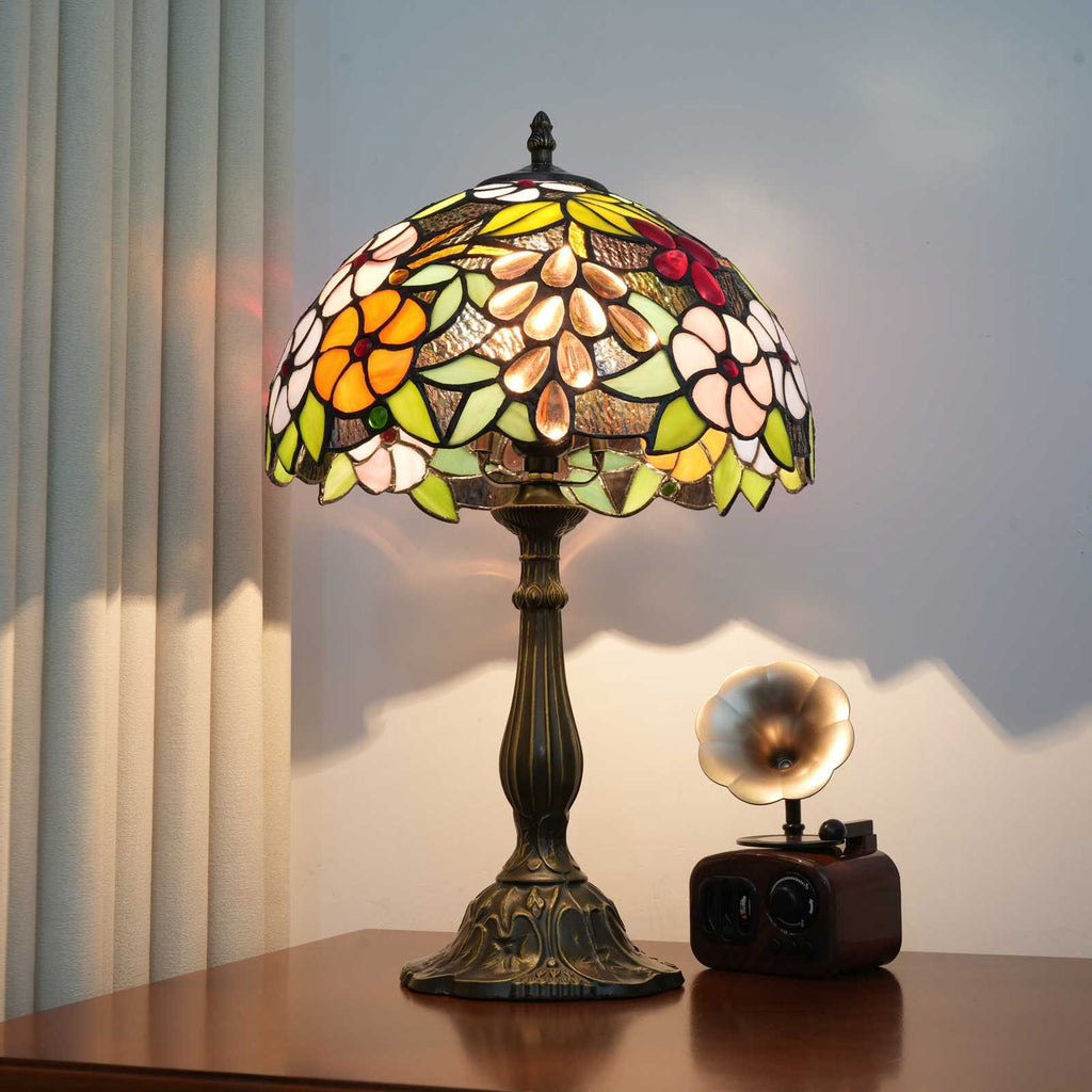 Lampe de Table Tiffany en Vitrail Floral et Bronze