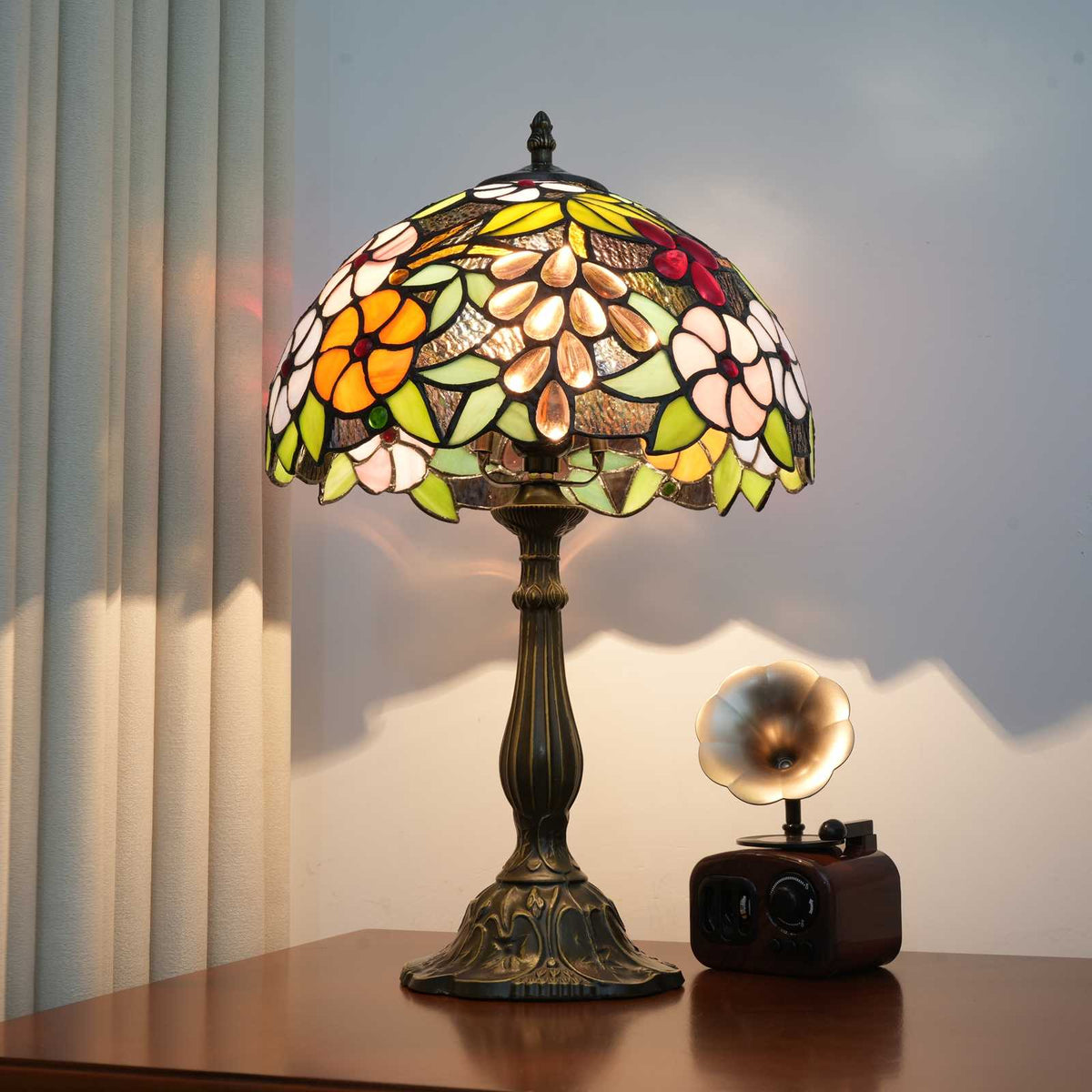 Lampe de Table Tiffany en Vitrail Floral et Bronze