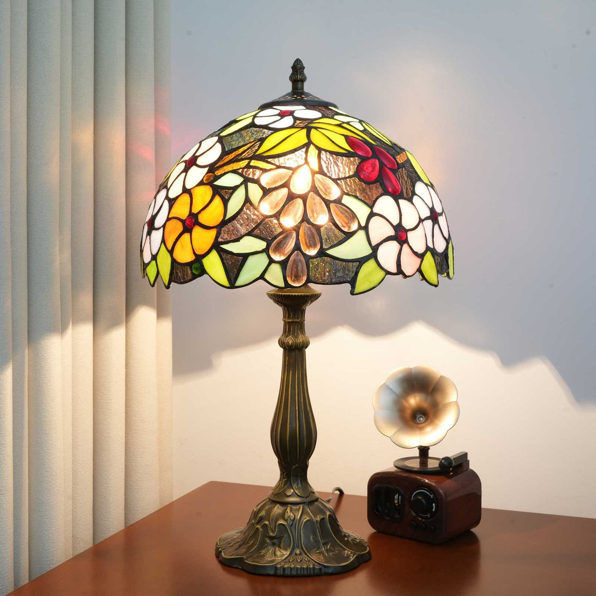 Lampe de Table Tiffany en Vitrail Floral et Bronze