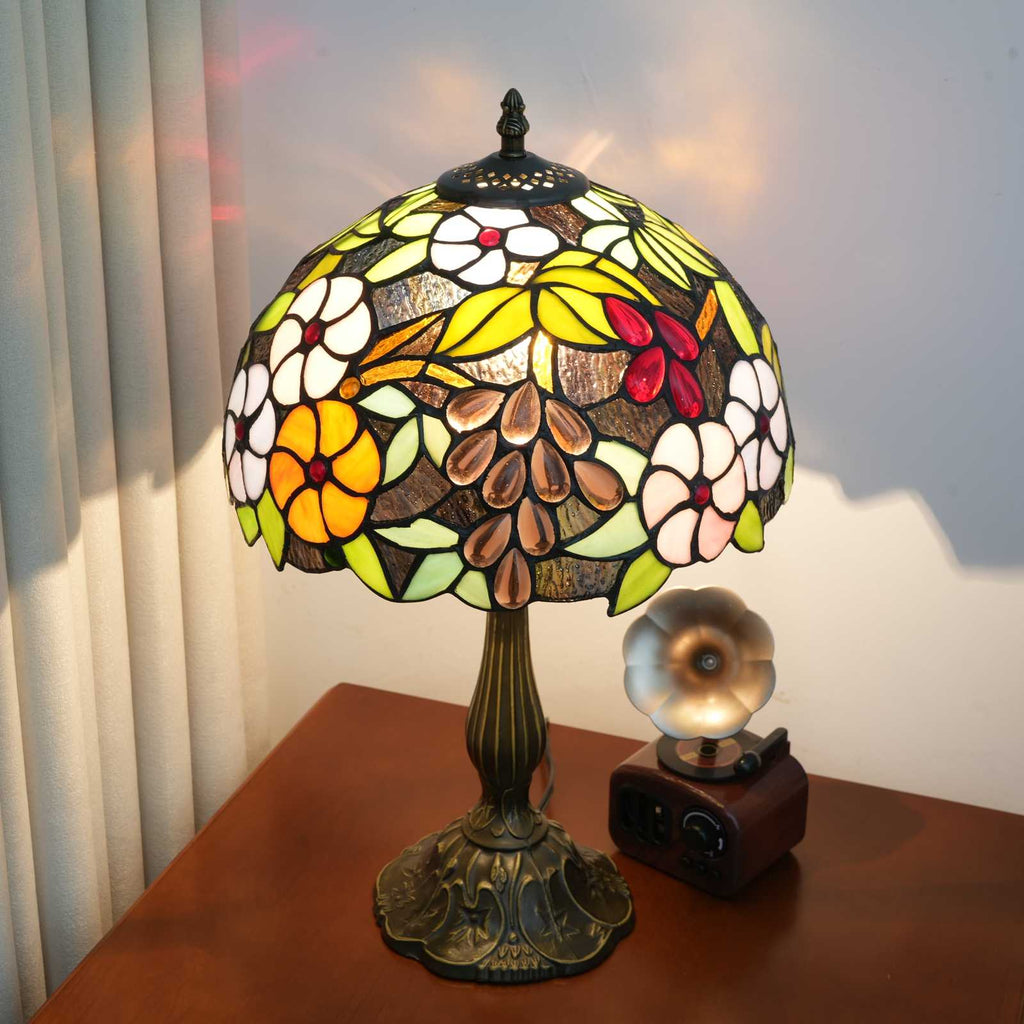Lampe de Table Tiffany en Vitrail Floral et Bronze