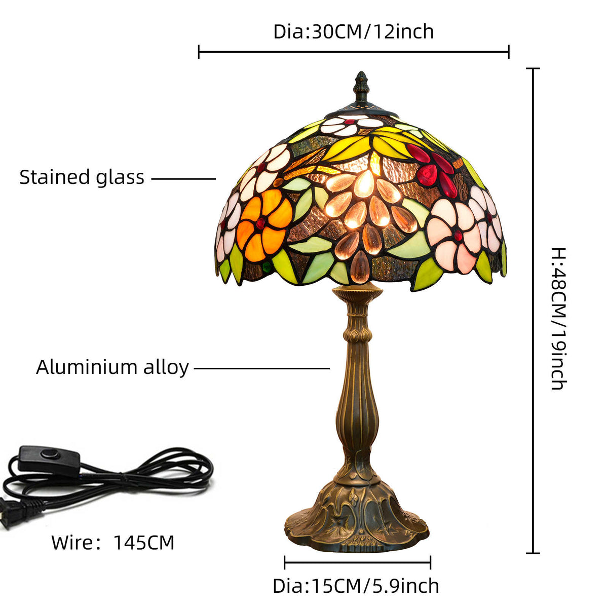 Lampe de Table Tiffany en Vitrail Floral et Bronze
