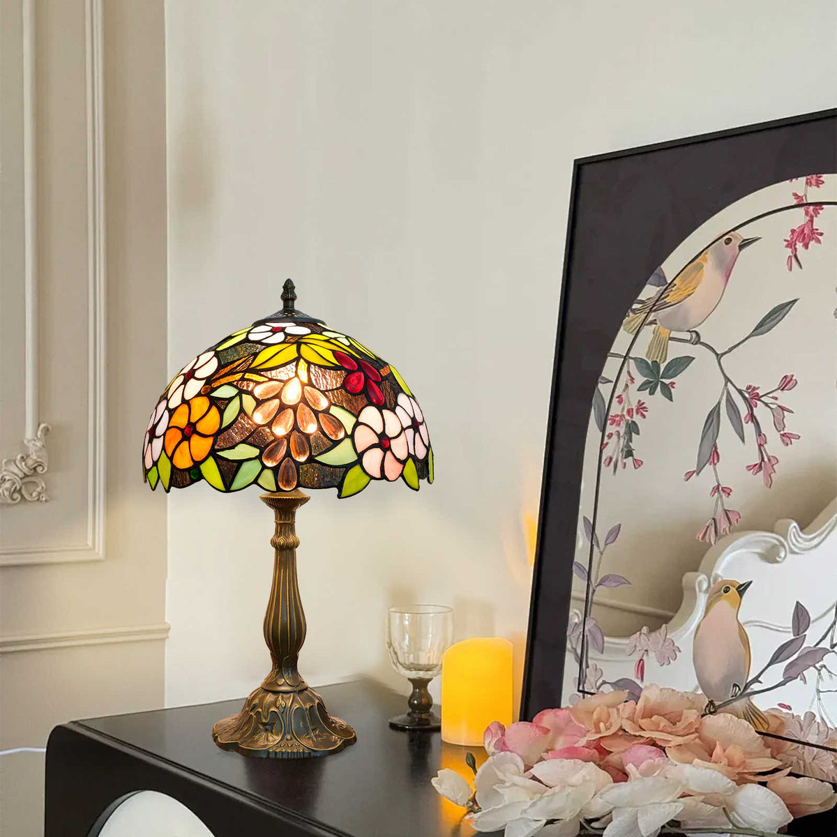Lampe de Table Tiffany en Vitrail Floral et Bronze