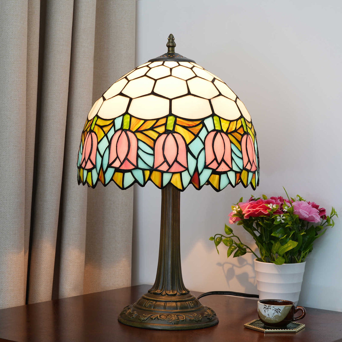 Lampe de Table Tiffany à Motifs Tulipes Roses
