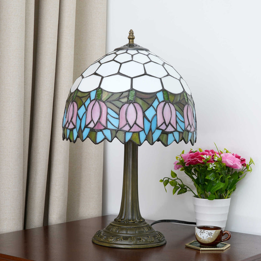 Lampe de Table Tiffany à Motifs Tulipes Roses