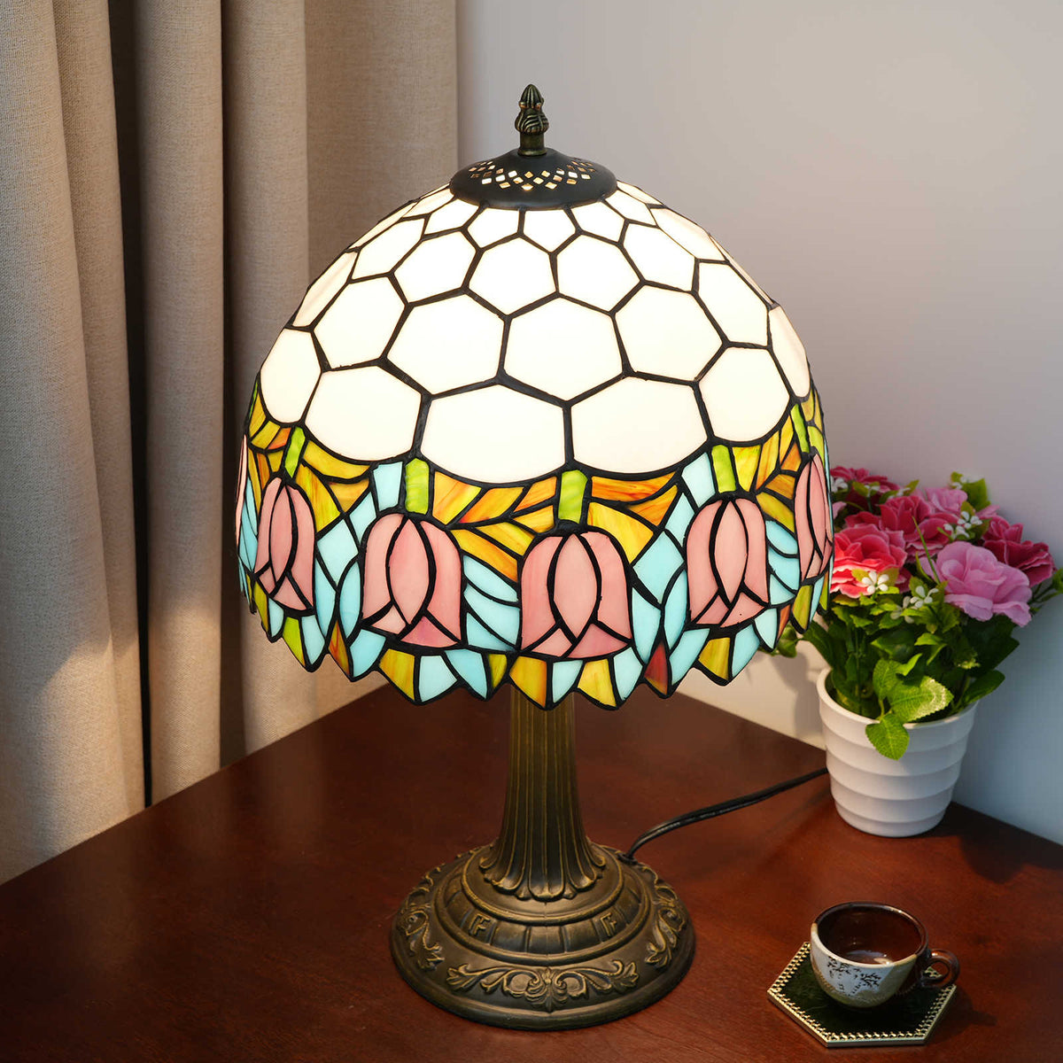 Lampe de Table Tiffany à Motifs Tulipes Roses