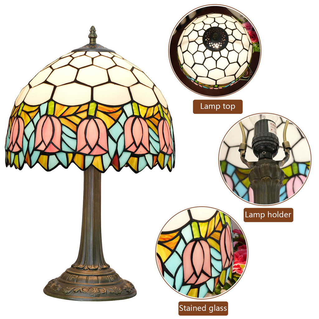 Lampe de Table Tiffany à Motifs Tulipes Roses