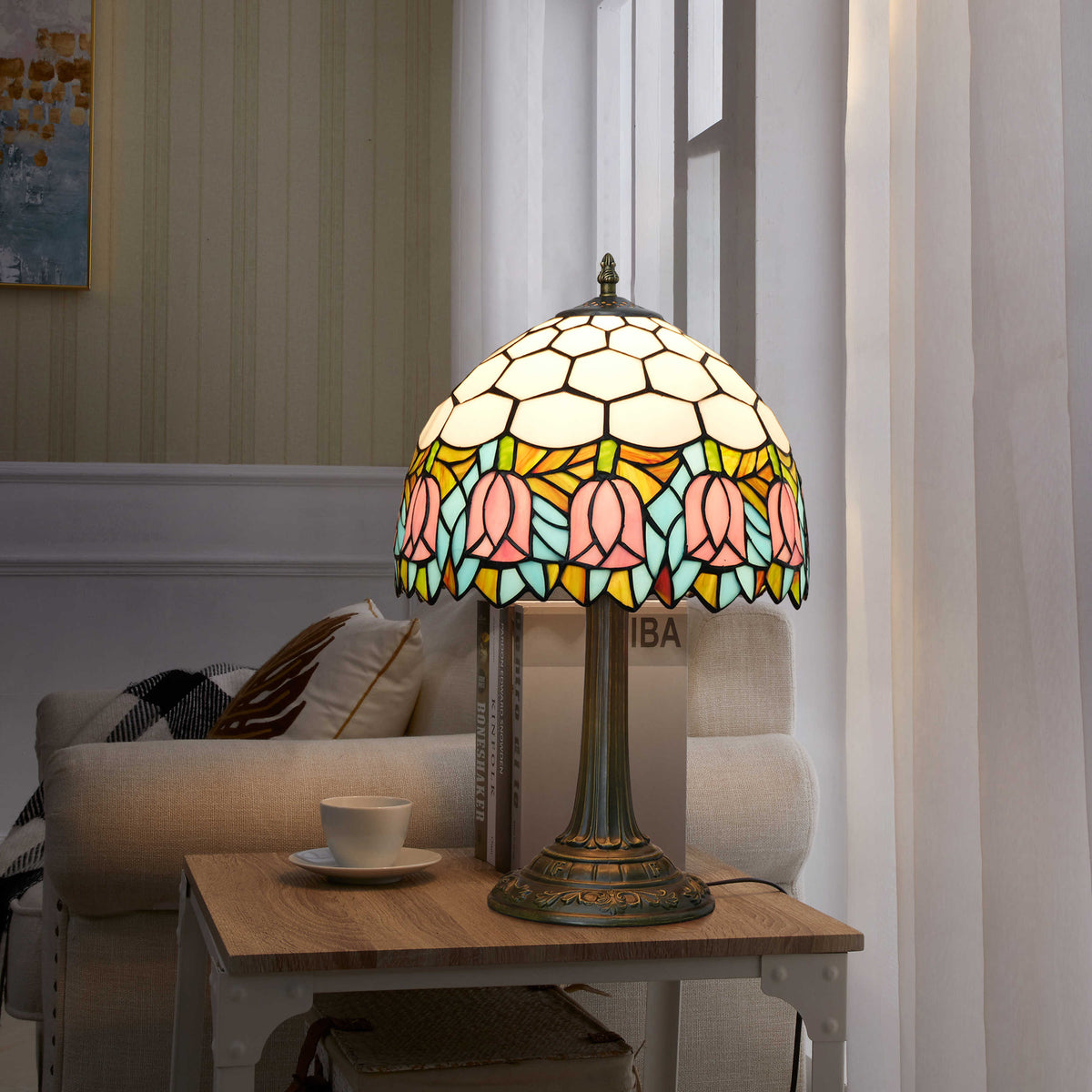Lampe de Table Tiffany à Motifs Tulipes Roses