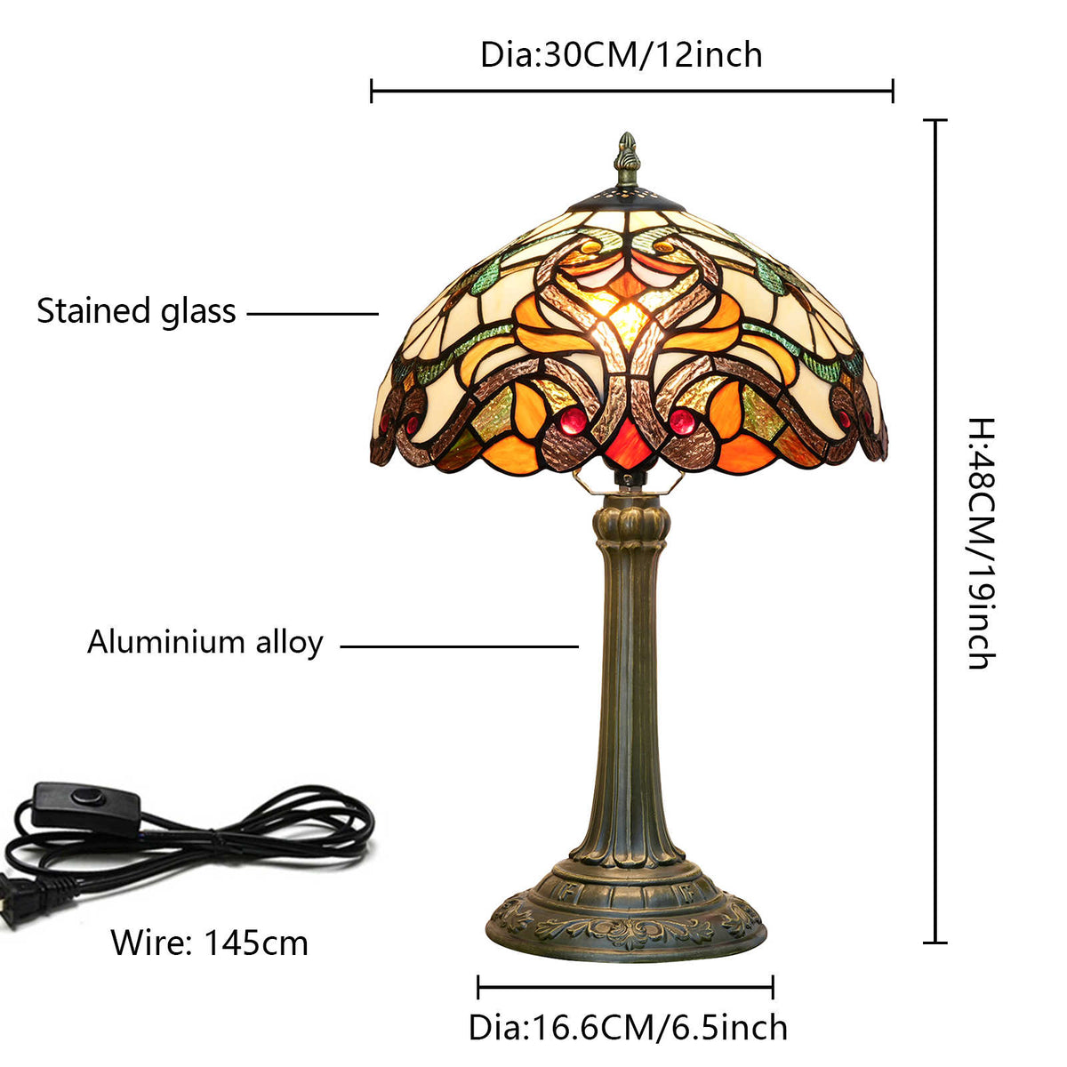 Lampe Tiffany en Vitrail Multicolore et Base Vieillie