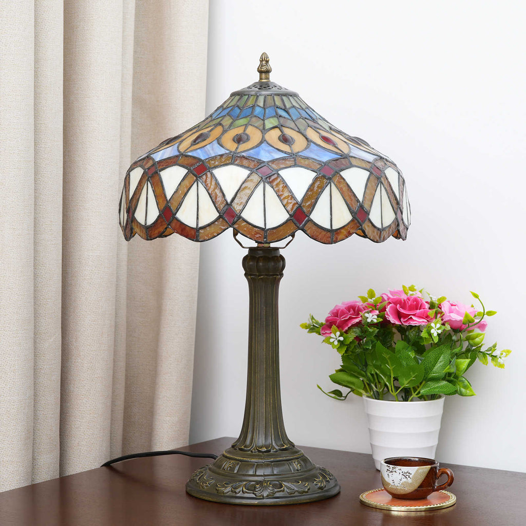 Lampe de Table Tiffany en Vitrail et Pied Bronze Vieilli