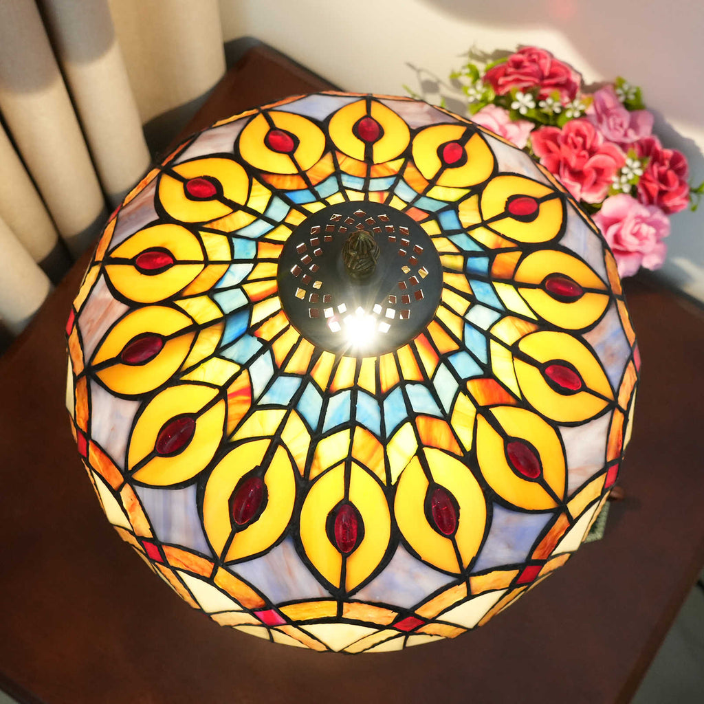 Lampe de Table Tiffany en Vitrail et Pied Bronze Vieilli