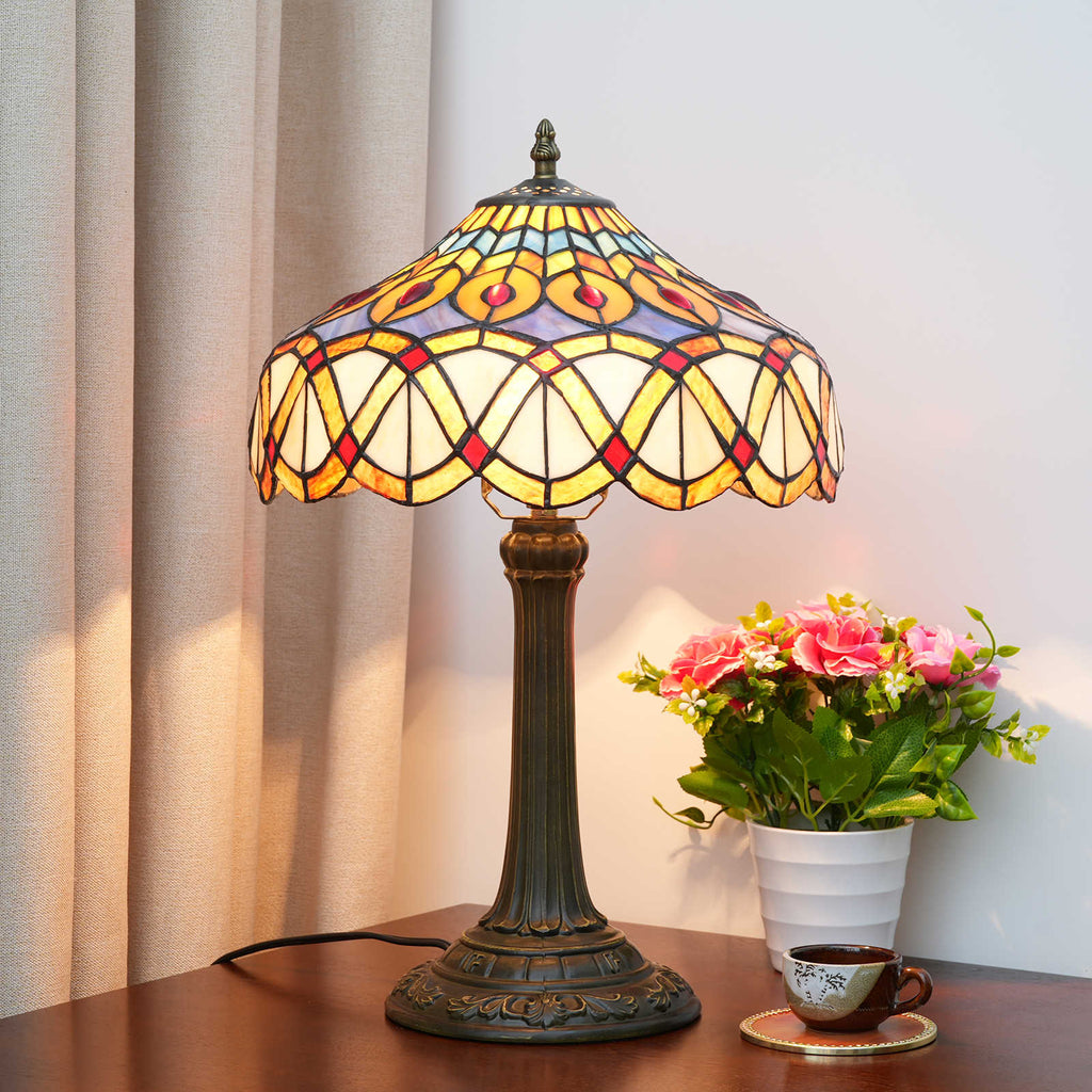Lampe de Table Tiffany en Vitrail et Pied Bronze Vieilli