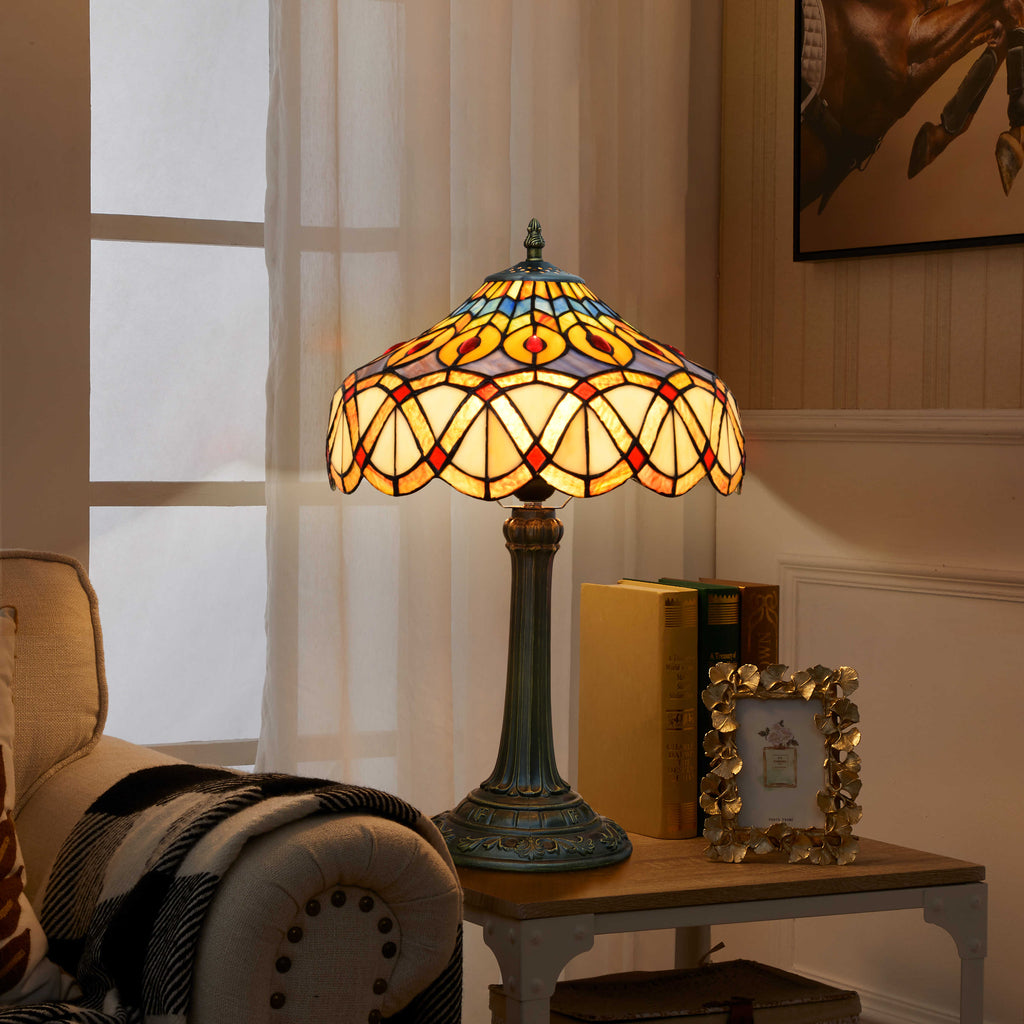 Lampe de Table Tiffany en Vitrail et Pied Bronze Vieilli