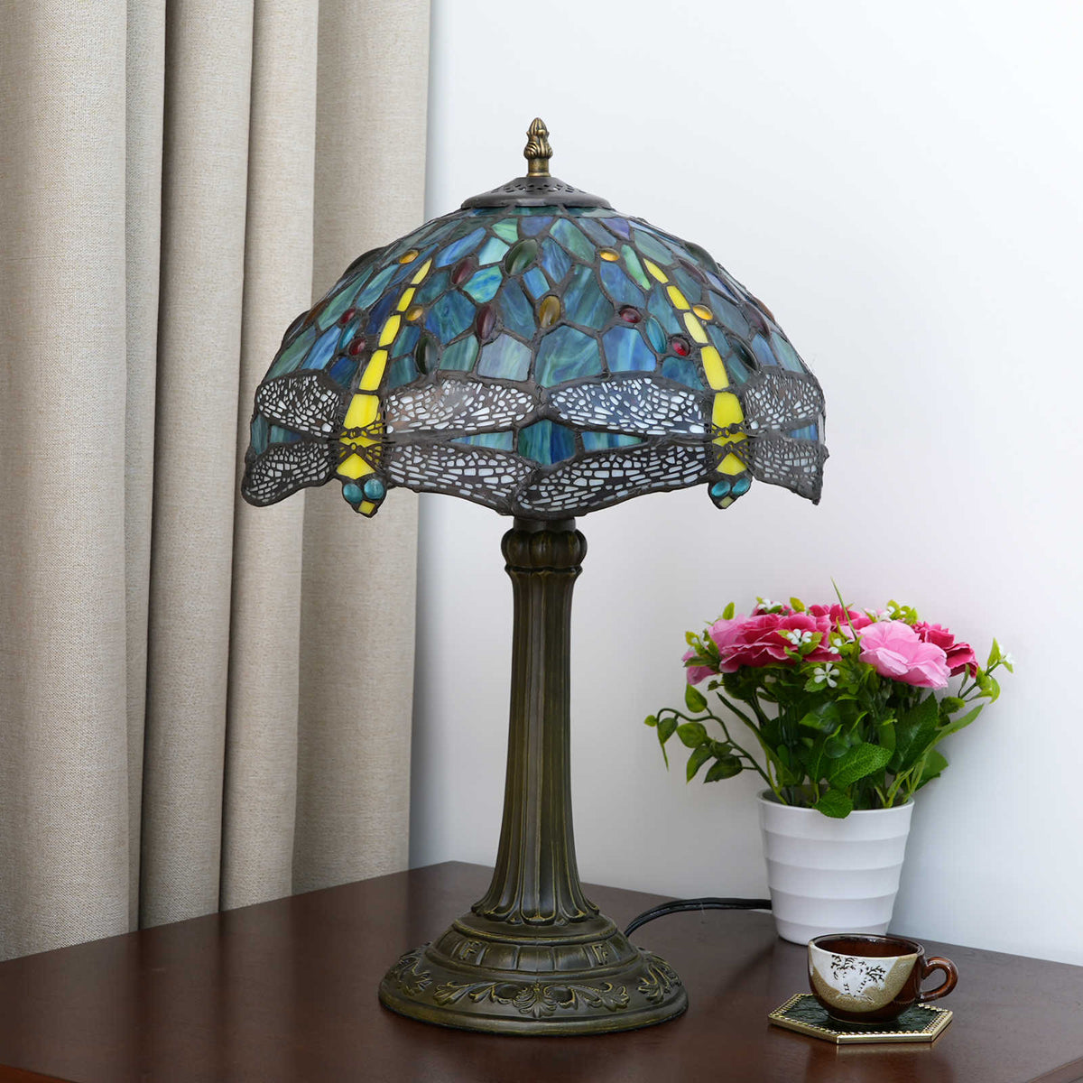 Lampe de Table Tiffany Libellule Bleue en Verre Teinté
