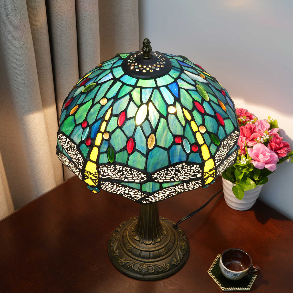 Lampe de Table Tiffany Libellule Bleue en Verre Teinté